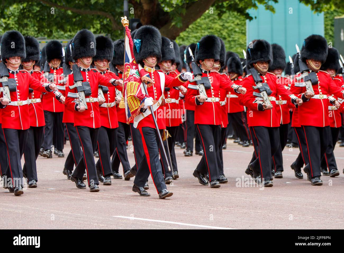 Lieutenant Charles Bashall, Ensign to the Irish Colours at Trooping the Colour, Colonel’s Review in The Mall, London, England, United Kingdom Stock Photo
