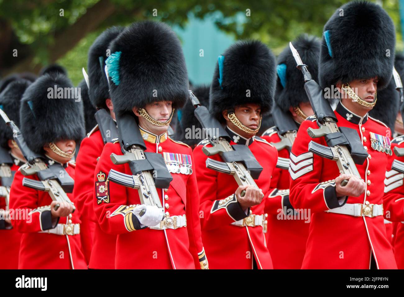 Irish Guards atTrooping the Colour, Colonel’s Review in The Mall, London, England, United Kingdom on Saturday, May 28, 2022. Stock Photo