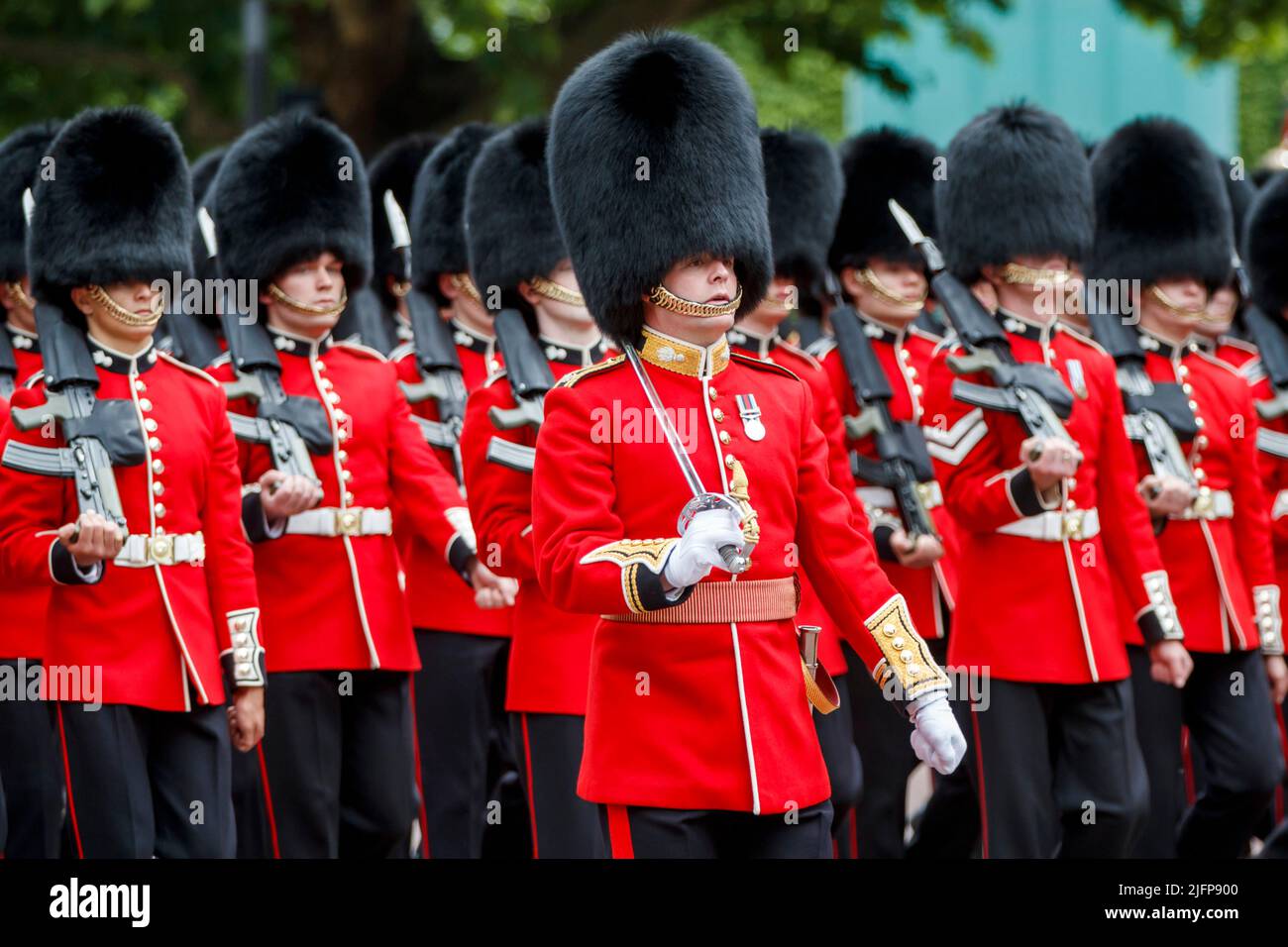 Major Thompson leads the Grenadier Guards at Trooping the Colour, Colonel’s Review in The Mall, London, England, United Kingdom Stock Photo