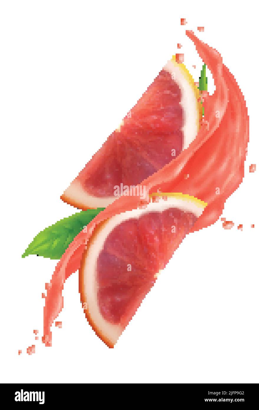 Two slices of fresh grapefruit in juice splashes realistic vector ...