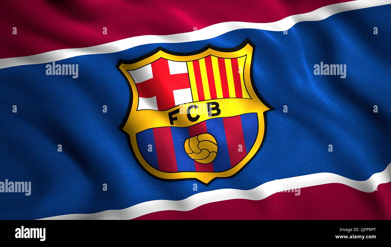 The flag of FC Barcelona.Motion.The emblem of the Spanish professional ...