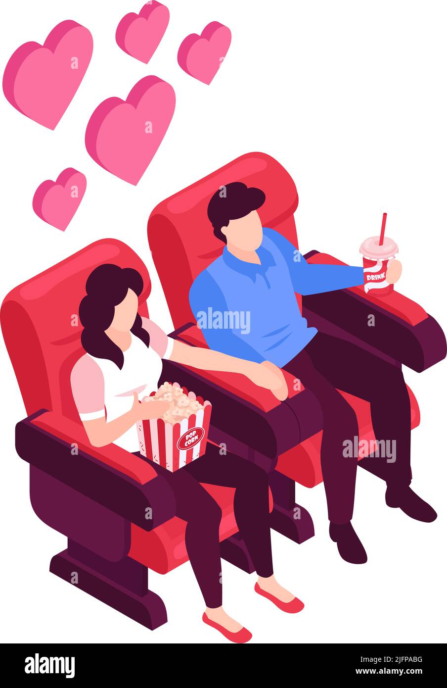 Isometric people dating couple valentines day composition with loving couple in cinema seats with heart icons vector illustration Stock Vector