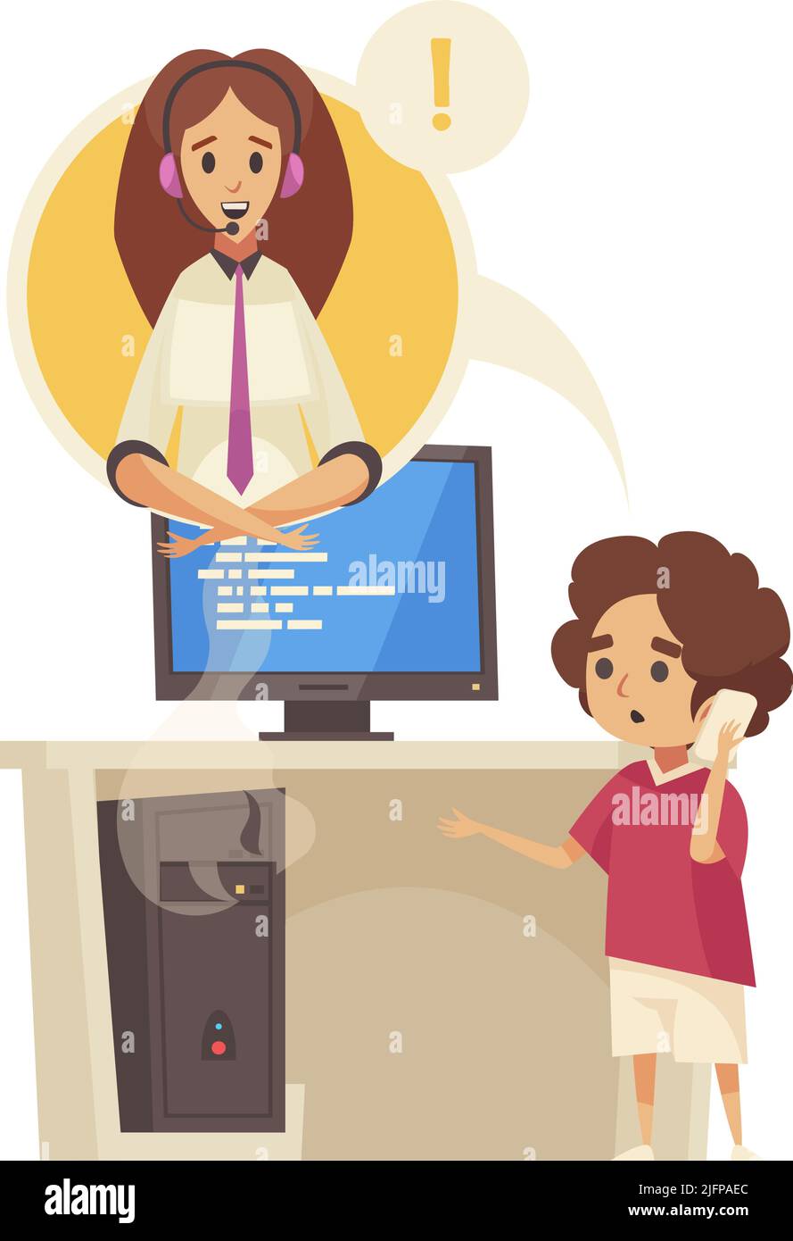 Support call center composition with broken computer and distracted guy calling tech support