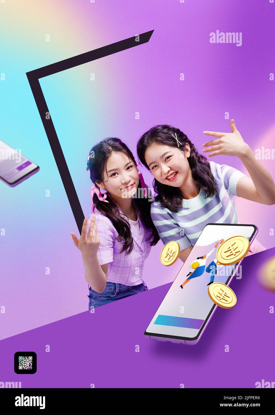 Z generation poster invest in stocks, two Korean girls with mobile phone apps Stock Photo