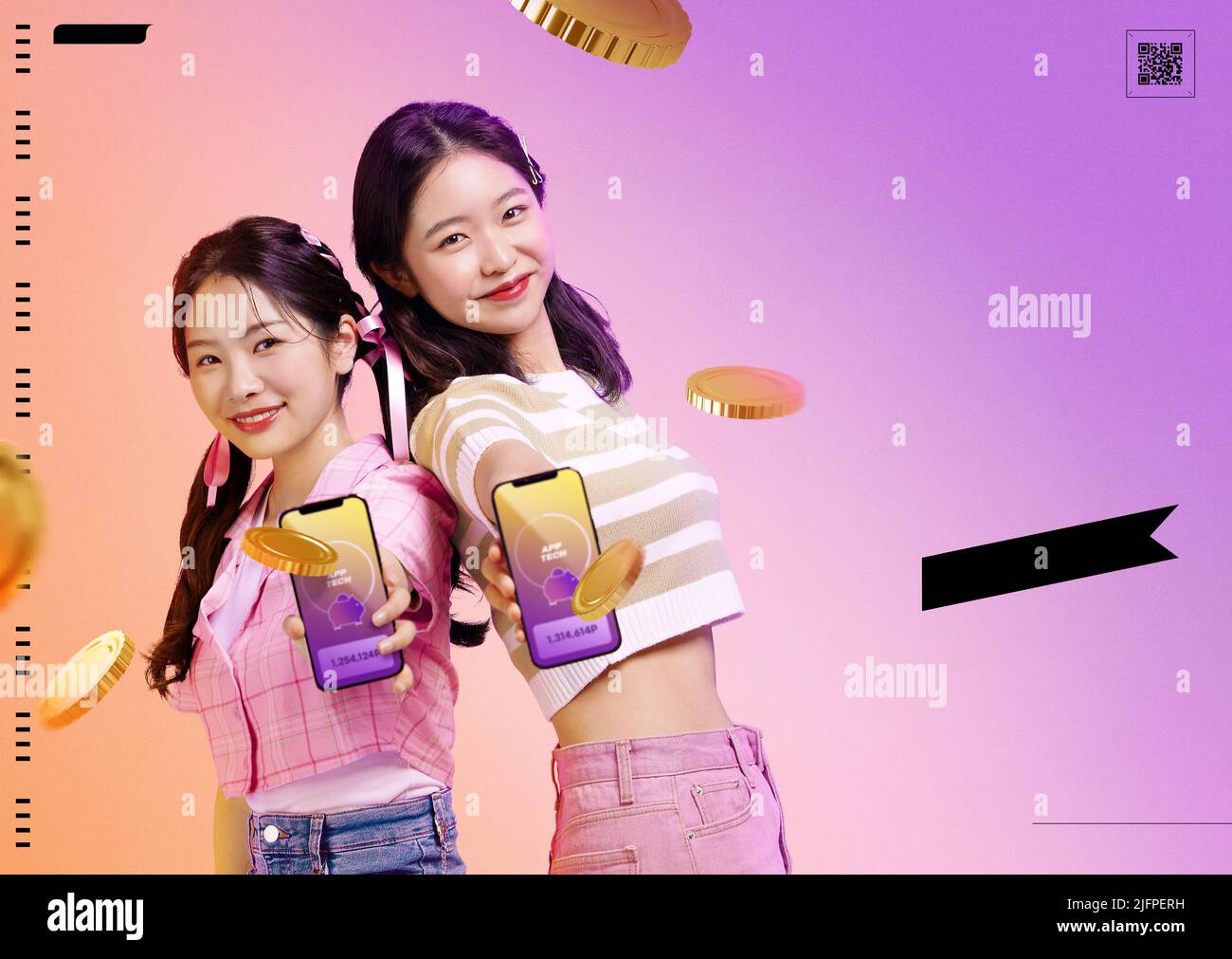 Z generation poster invest in stocks, two Korean girls with mobile phone apps Stock Photo