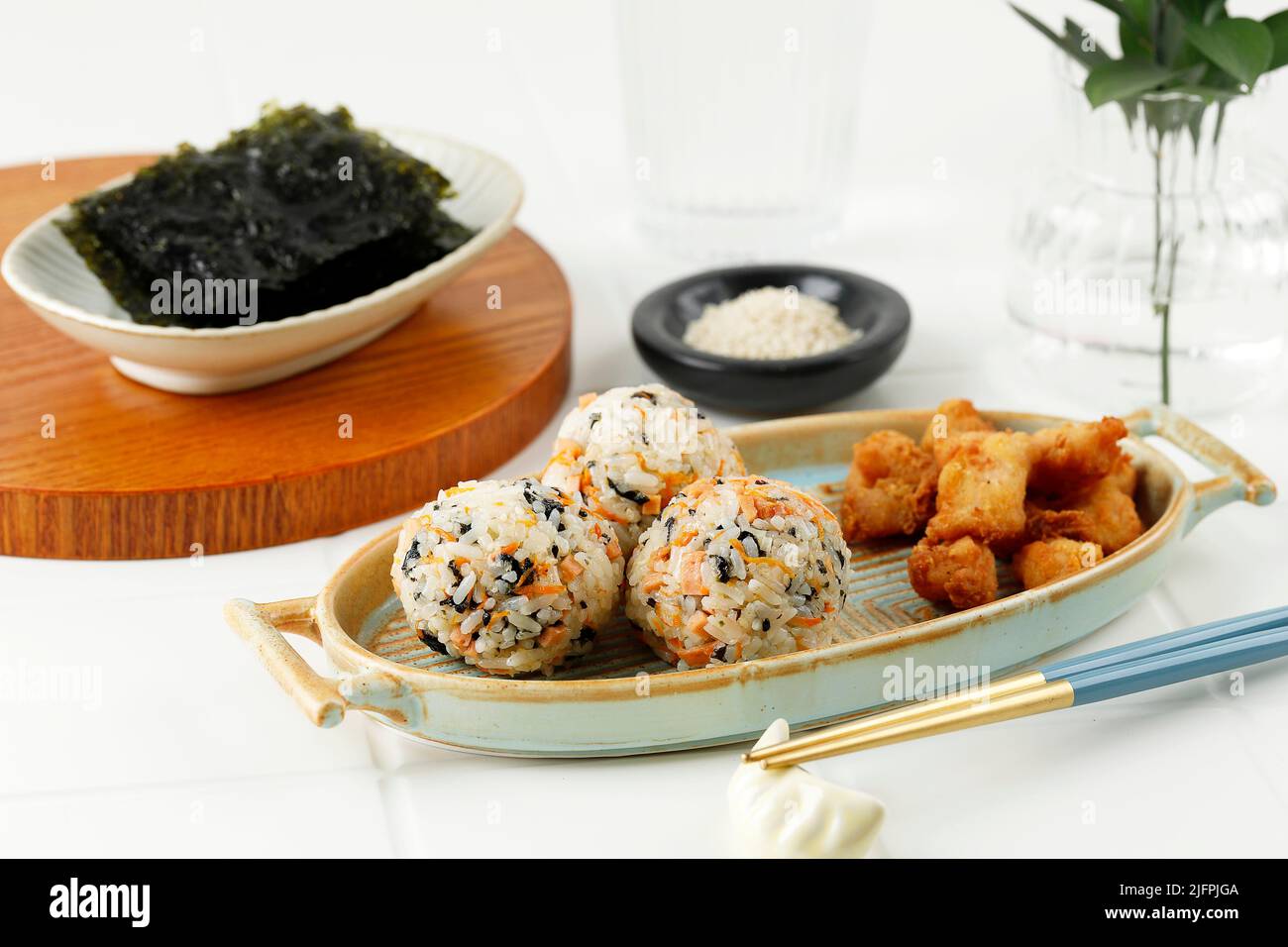 Korean Seaweed Rice Balls or Jumeokbap with Ham, Sausage, Sesame Seed