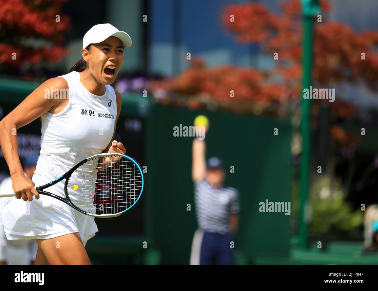 London, Britain. 4th July, 2022. Zhang Shuai of China celebrates during the women's doubles third round match between Zhang Shuai of China/Elise Mertens of Belgium and Nadiia Kichenok of Ukraine/Raluca Olaru of Romania at Wimbledon Tennis Championship in London, Britain, on July 4, 2022. Credit: Li Ying/Xinhua/Alamy Live News Stock Photo