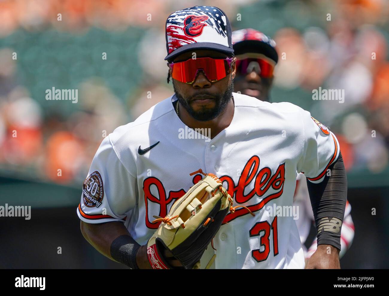 BALTIMORE, MD - JULY 04: Baltimore Orioles center fielder Cedric Mullins  (31) comes in after pre game workout before a MLB game between the  Baltimore Orioles and the Texas Rangers, on July