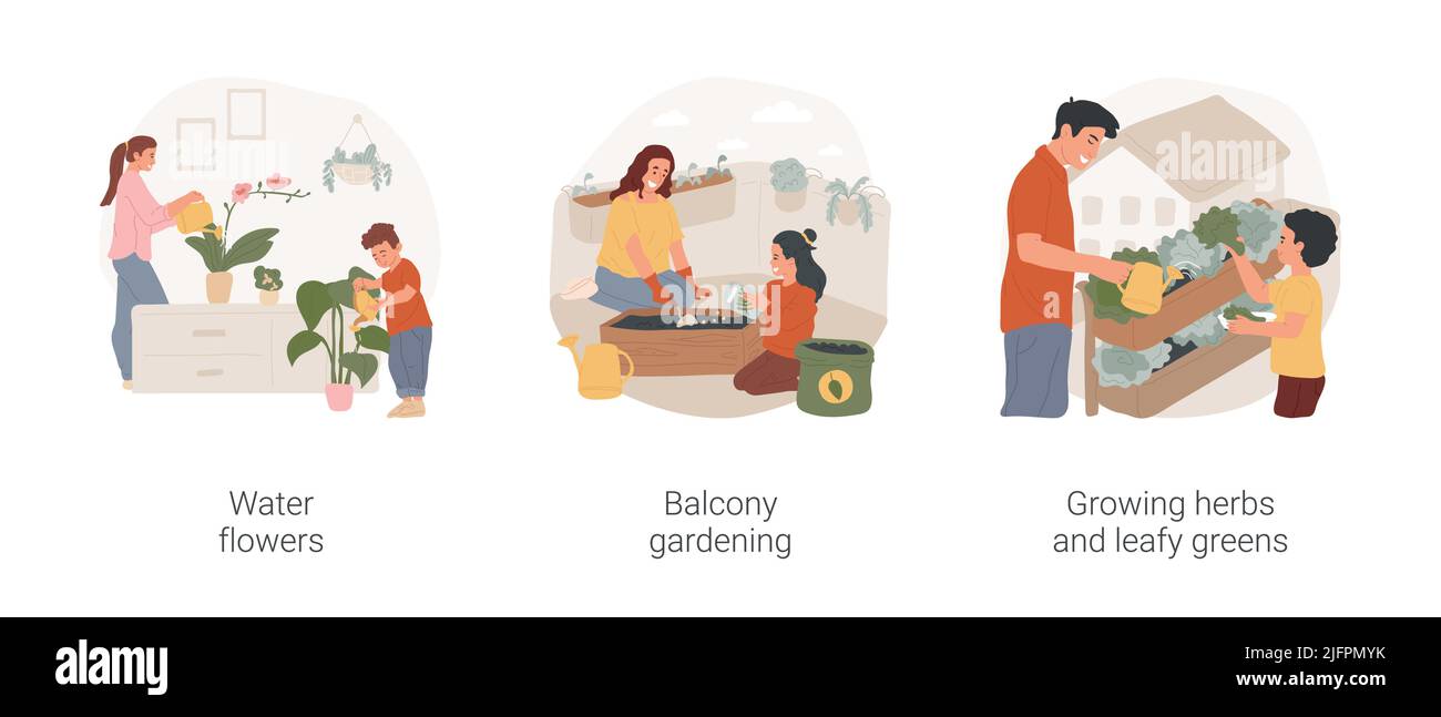 Home gardening isolated cartoon vector illustration set. Mother and