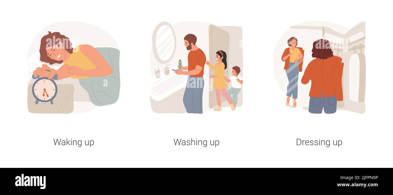 Family morning routine isolated cartoon vector illustration set. Waking