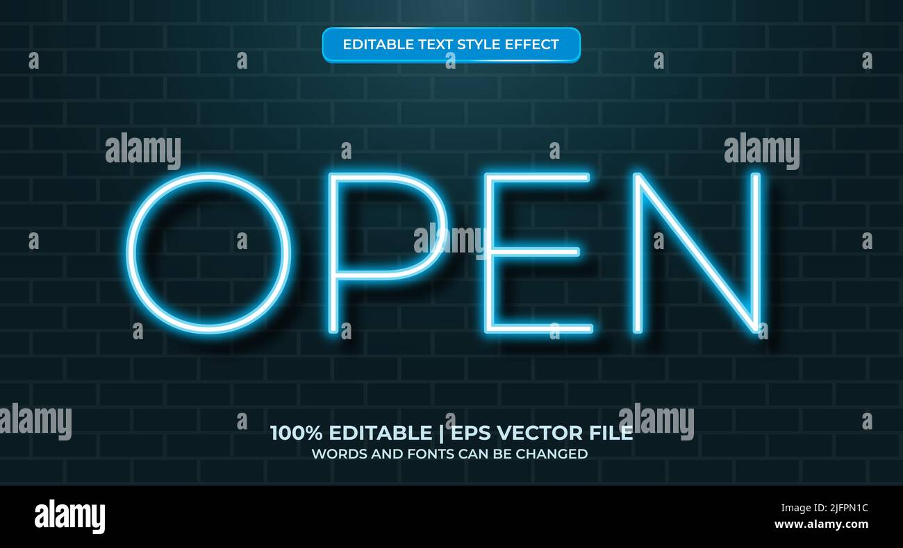 Open neon glowing text effect isolated on brick background. Editable text effect Stock Vector