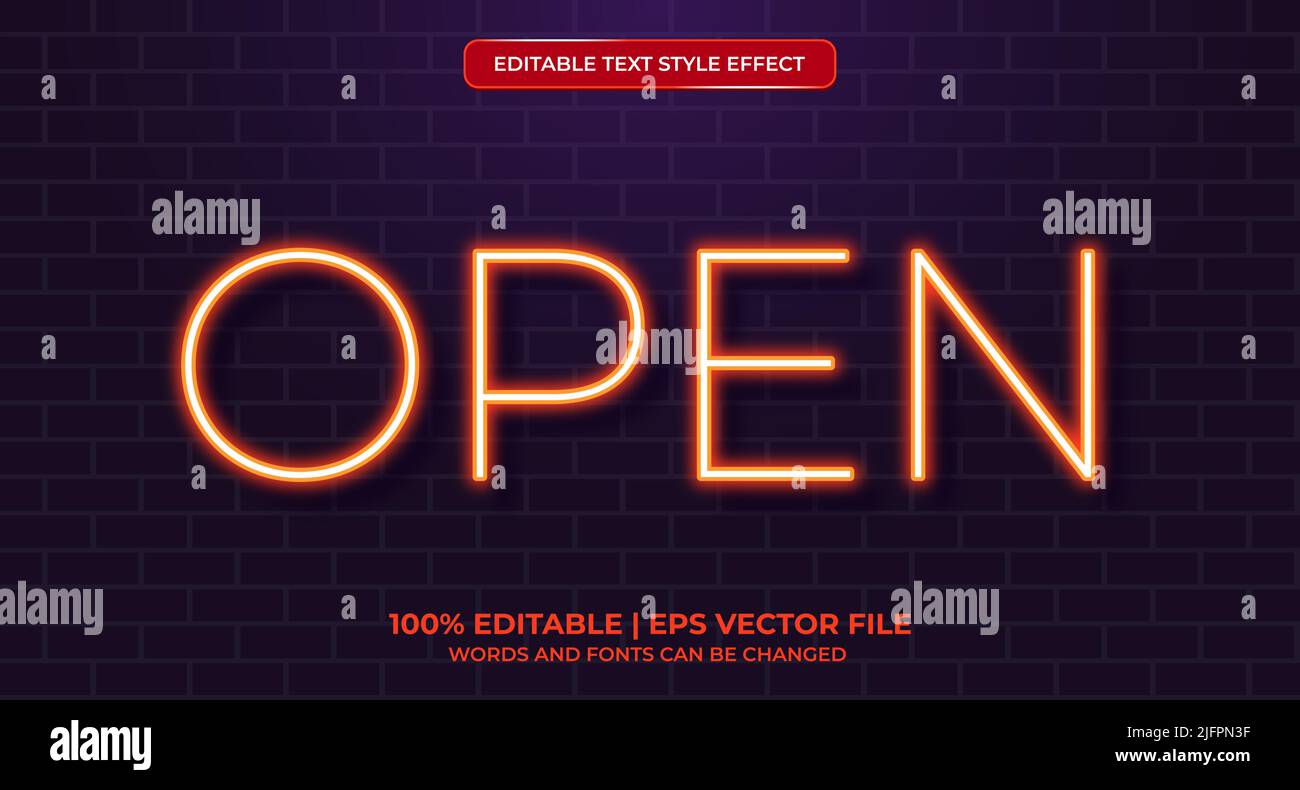 Open neon glowing text effect isolated on brick background. Editable text effect Stock Vector