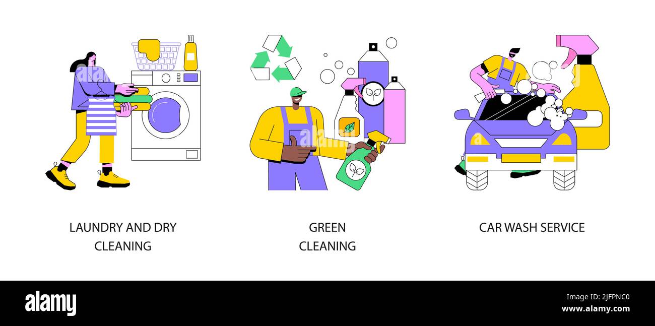 Cleaning services abstract concept vector illustration set. Laundry and dry cleaning, green washing chemical, car wash service, automatic vehicle vacuum, self-serve station abstract metaphor. Stock Vector