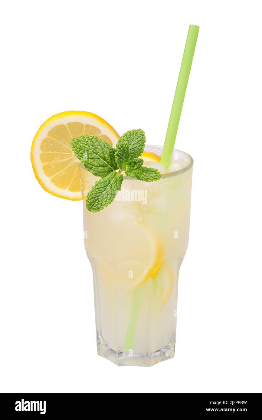 Popular cool drink lemonade in a tall glass with mint leaves isolated