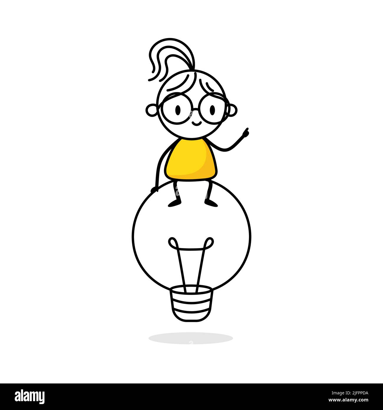 Illustration of a woman sitting on top of a big light bulb. Creativity and idea concept. Hand drawn doodle stickman isolated on white background. Vect Stock Vector