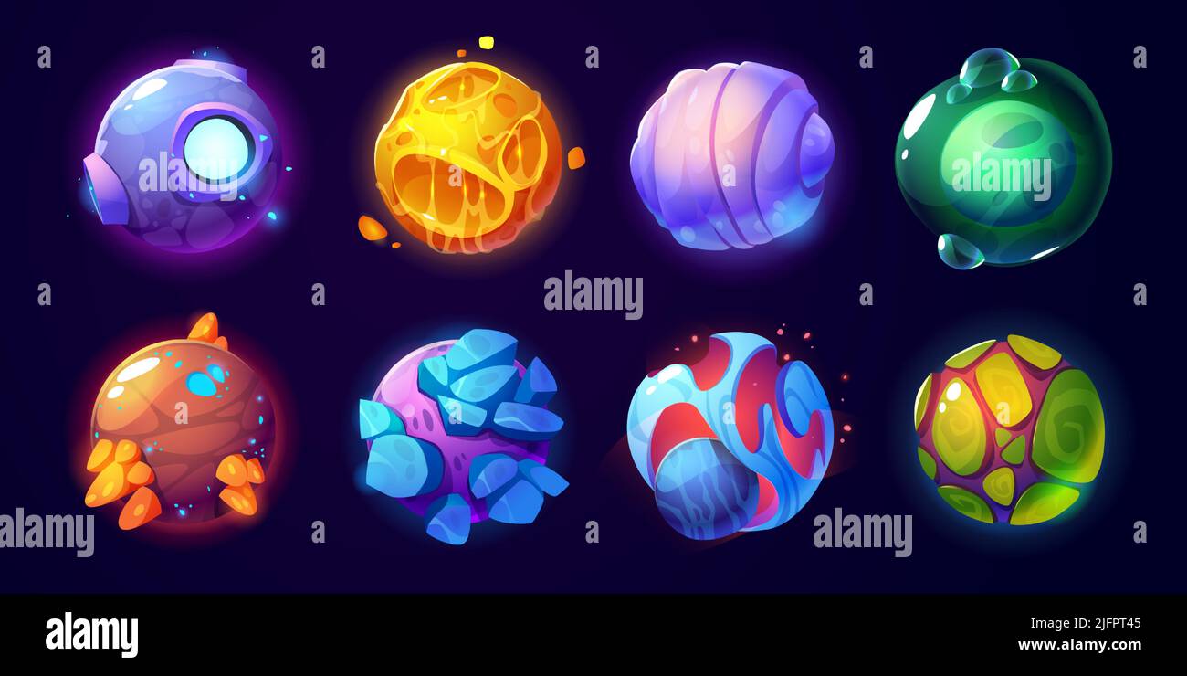 Fantasy alien planets for ui space game. Vector cartoon icons set of ...