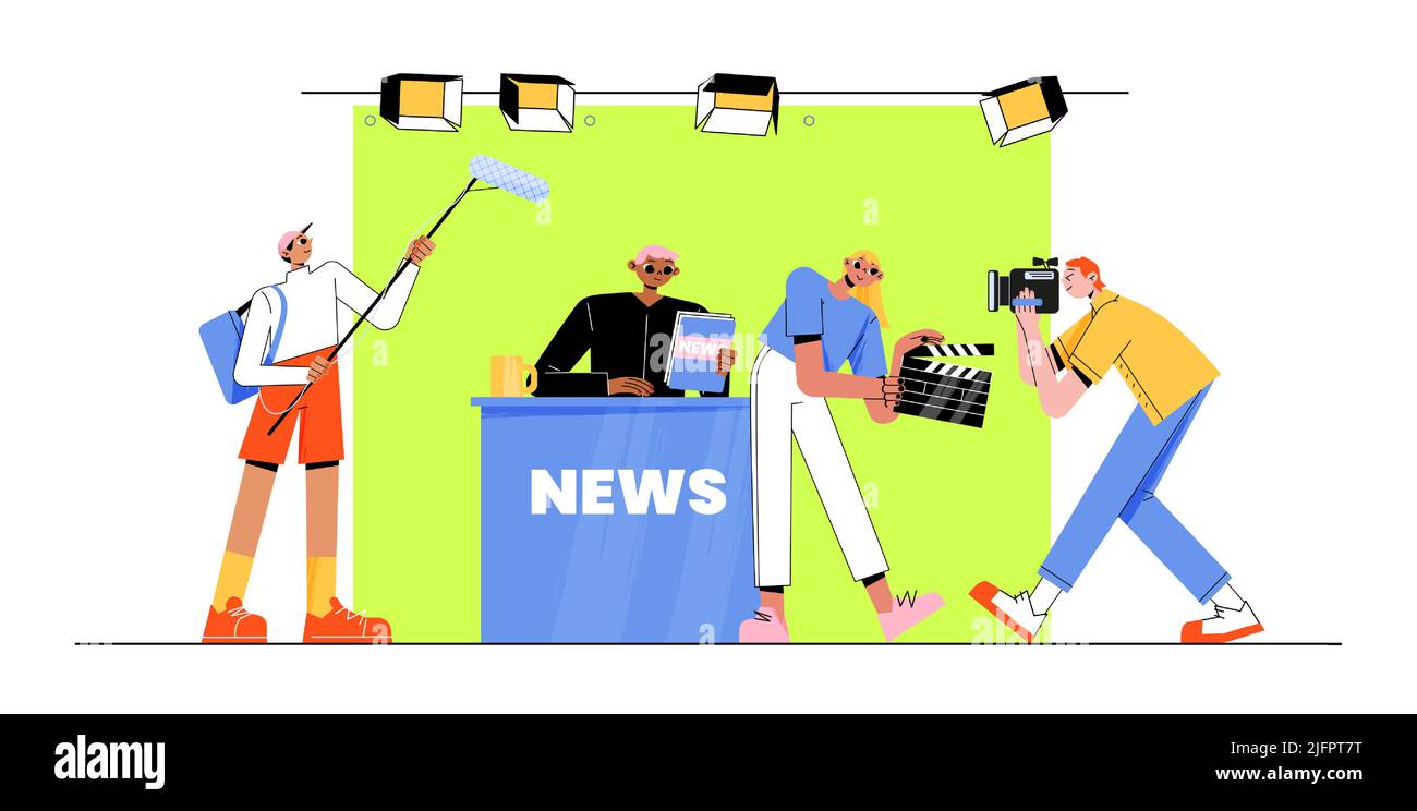 Live news in broadcasting production studio. Mass media television with male presenter character, cameraman, shooting crew, Live newscast, real time broadcasting, Line art flat vector illustration Stock Vector