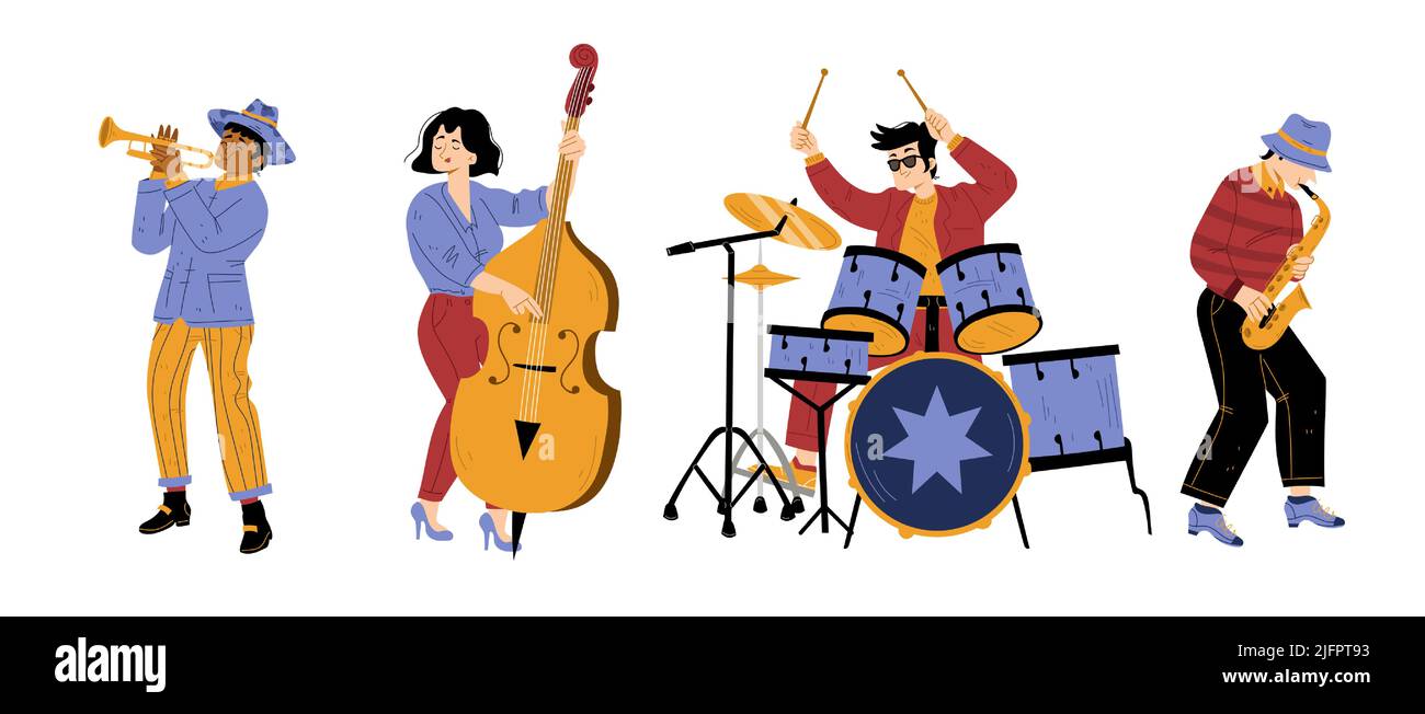 Jazz band vibe, artists performing music on stage. Men and woman playing on instruments drum, saxophone, trumpet and double bass. Musical concert, performance, show, Line art flat vector illustration Stock Vector