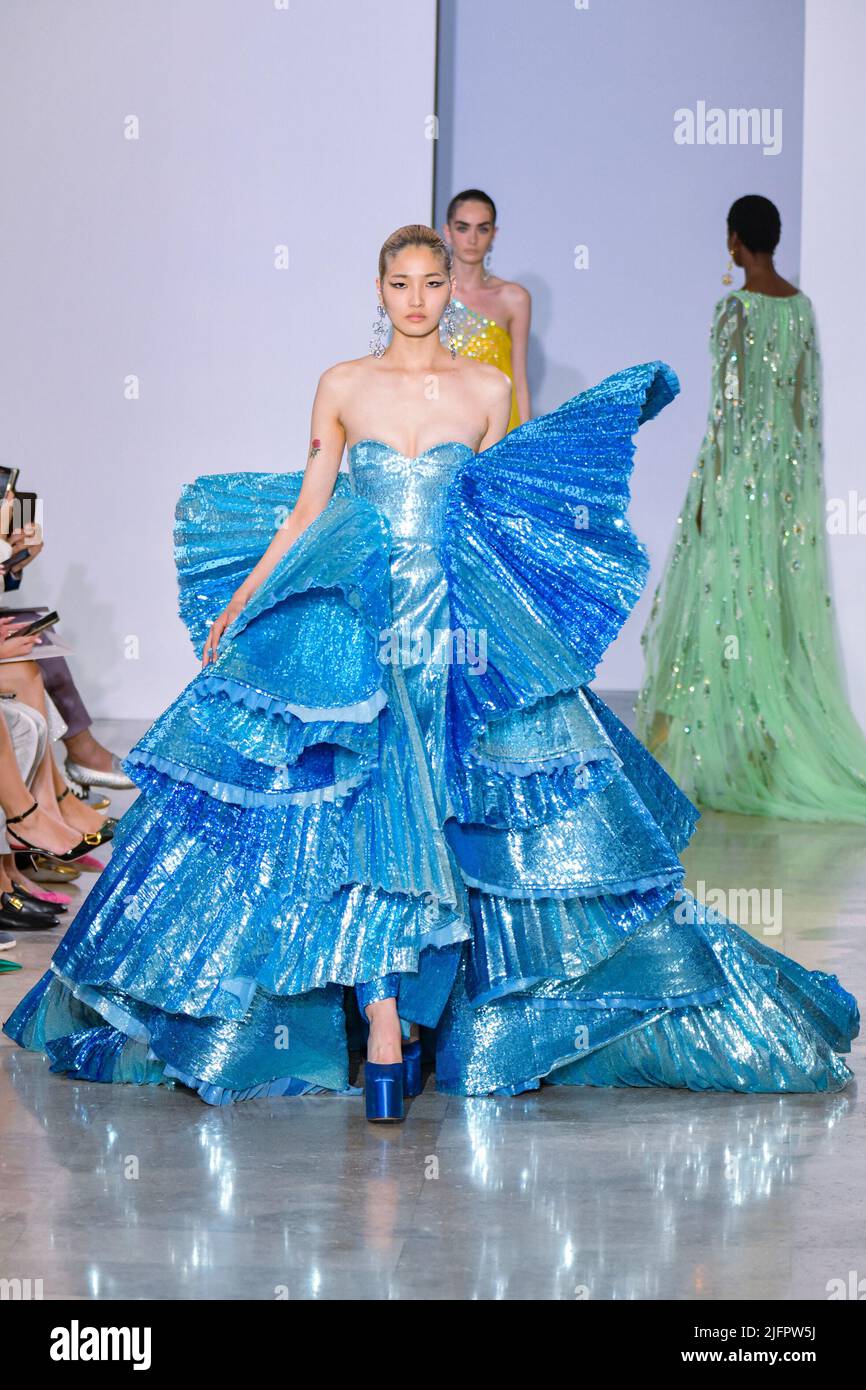 Paris, France. July 4, 2022, A model walks the runway during the Georges  Hobeika show as part of Paris Fashion Week Haute Couture Fall/Winter  2022/2023 in Paris, France, on July 4, 2022