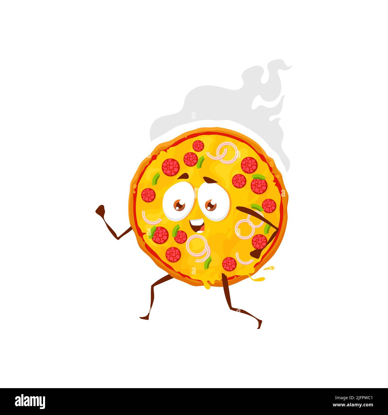 Round pizza cartoon character. Pizzeria meal funny isolated vector