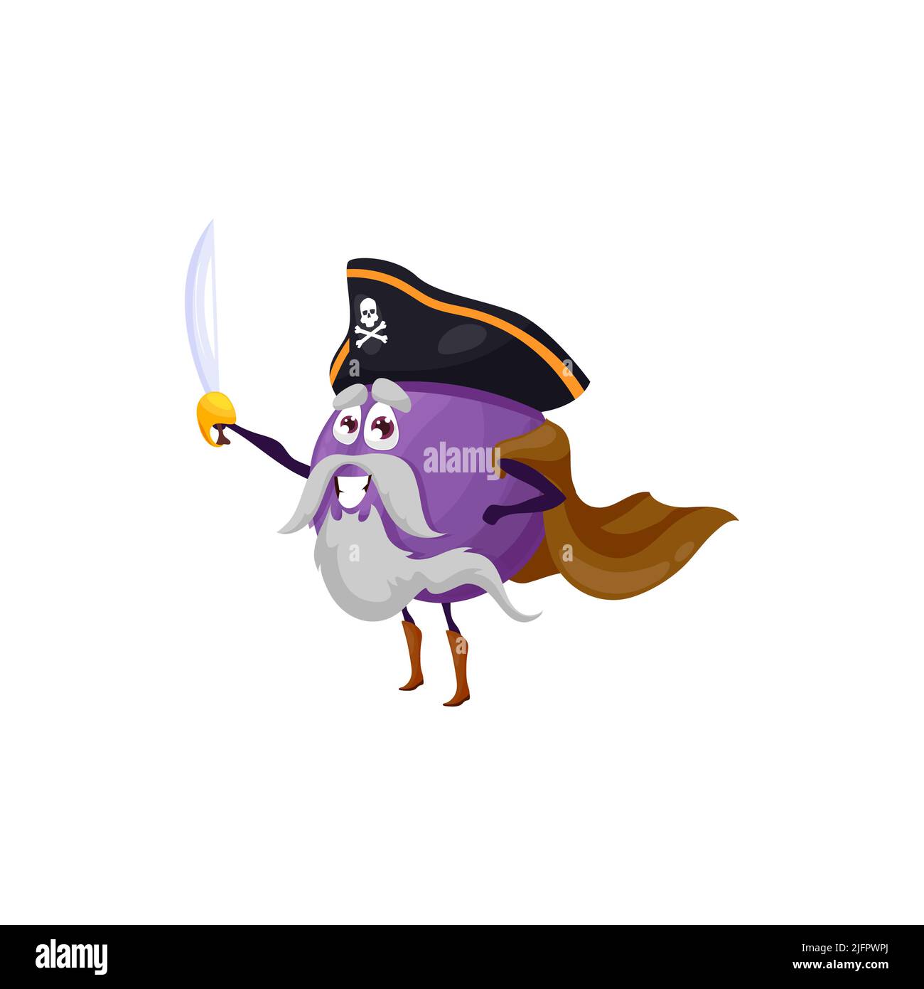Pirate emoticon plum or fig purple tropical fruit isolated berry cartoon character. Vector exotic food dessert, ripe summer cluster or sycamore fig. Fruit corsair buccaneer in captain hat and sword Stock Vector