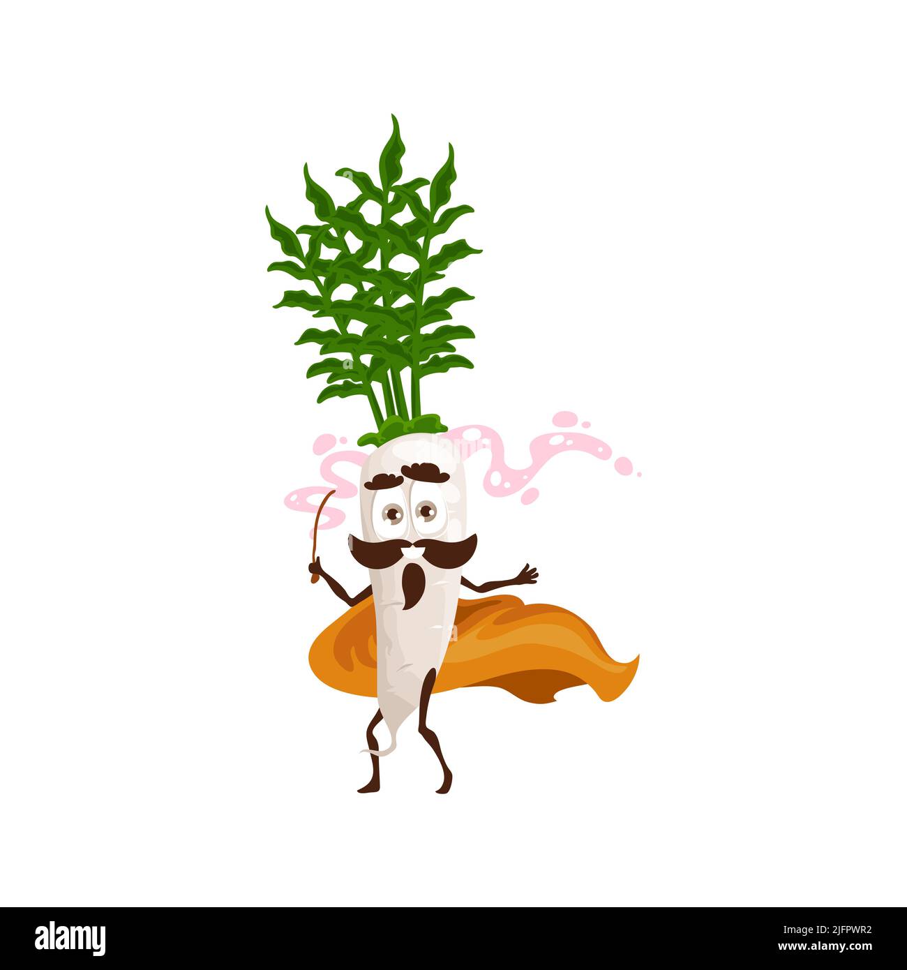 Daikon vegetable wizard with magic wand in cape isolated cartoon ...