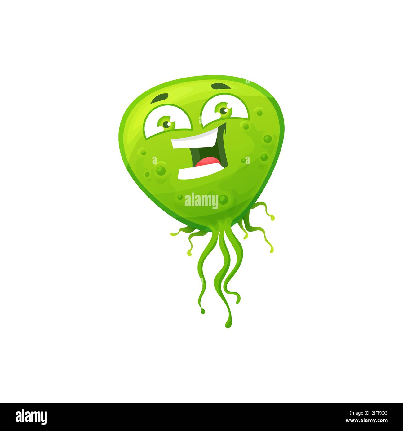 Cartoon virus cell vector icon, cute green bacteria, happy laughing germ character with funny face. Smiling pathogen microbe with big eyes, isolated micro organism symbol Stock Vector