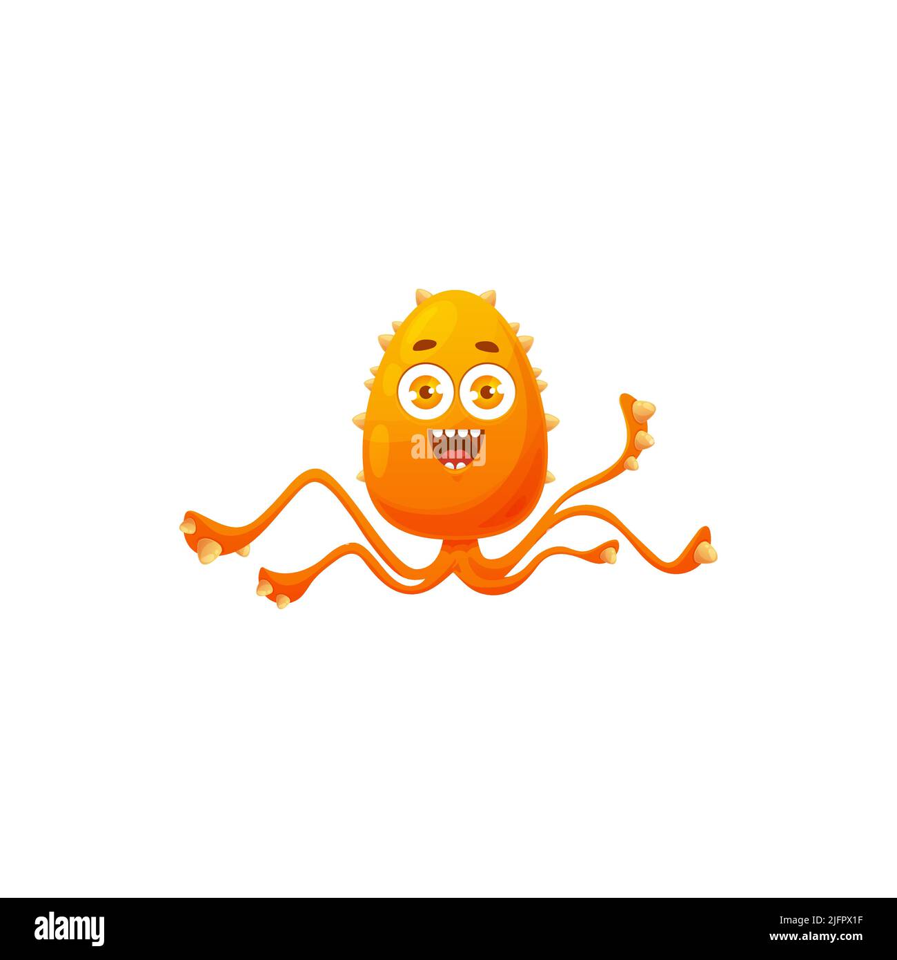 Cartoon virus cell vector icon, cute spiked orange bacteria with long tentacles, happy germ character with funny face. Smiling pathogen microbe emoticon, isolated micro organism symbol Stock Vector