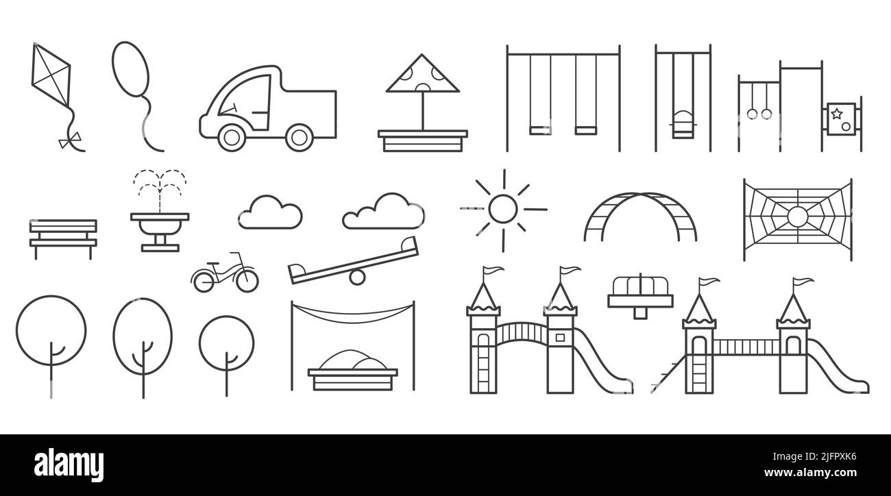 Children playground entertainment set with swings, sandbox and bench in park. Kids area icons. Outline vector illustrations Stock Vector