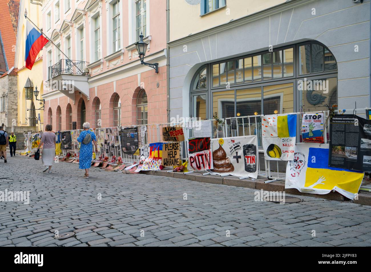 Tallinn, Estonia. July 2022.  Protest placards against the Russian invasion of Ukraine in front of the Russian embassy in Tallinn. Stock Photo