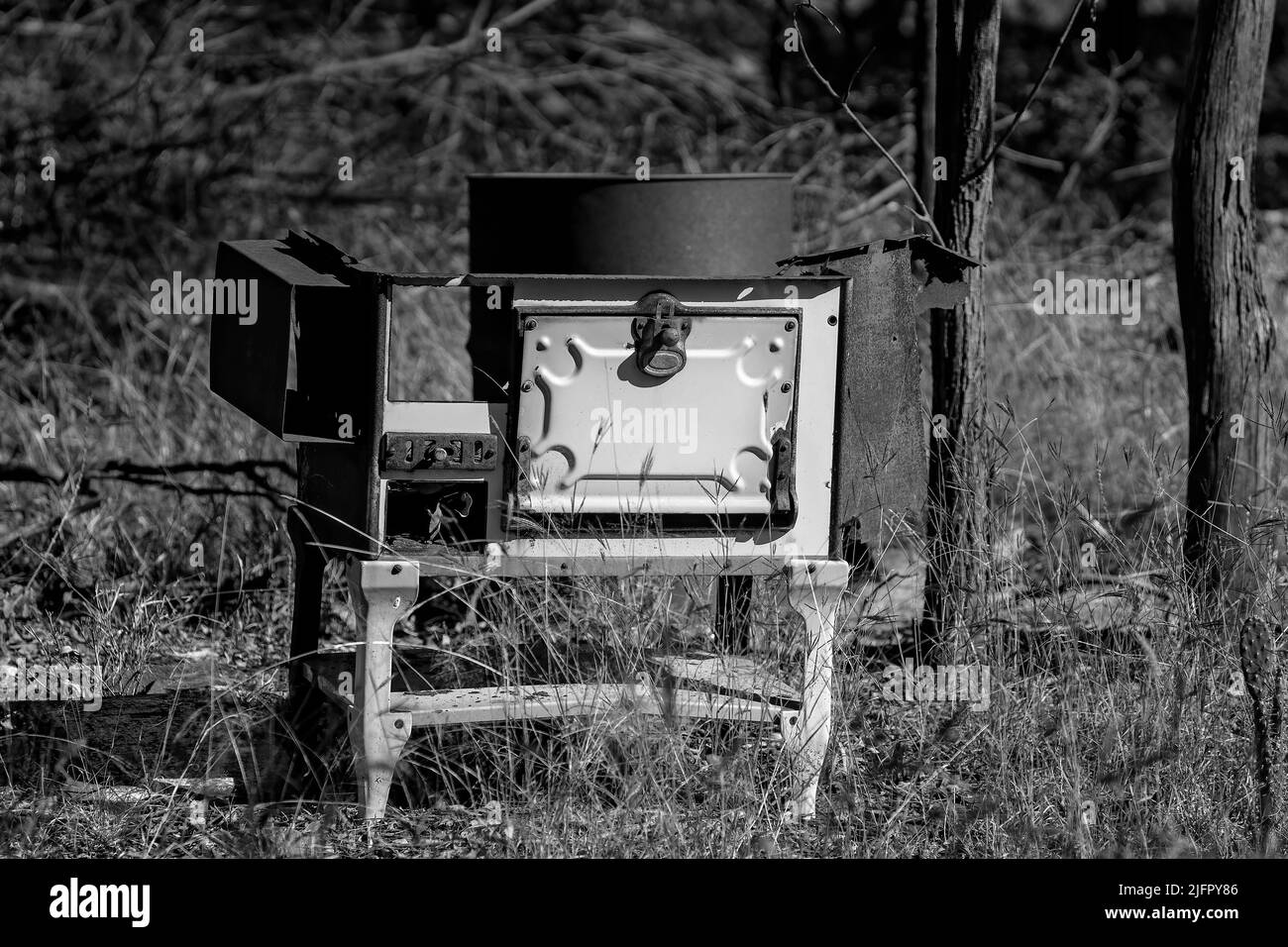 An old cast iron stove abandoned in a back yard on the Rubyvale