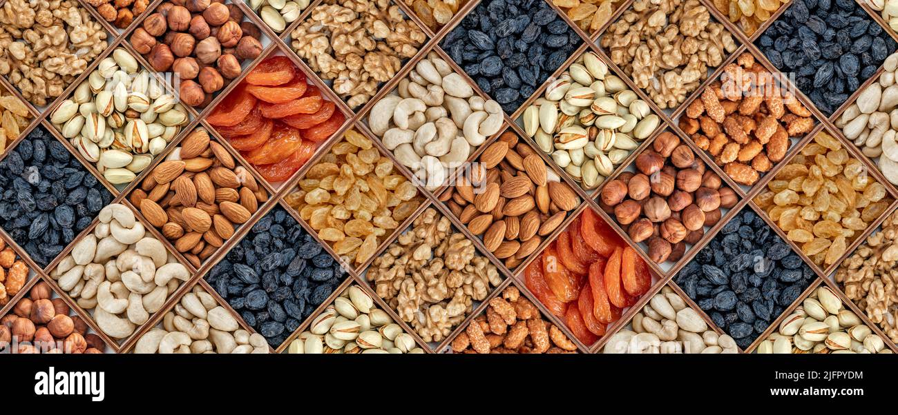 assorted nuts and dried fruit collection. Assorted nuts almonds, pistachio, cashews, walnut
