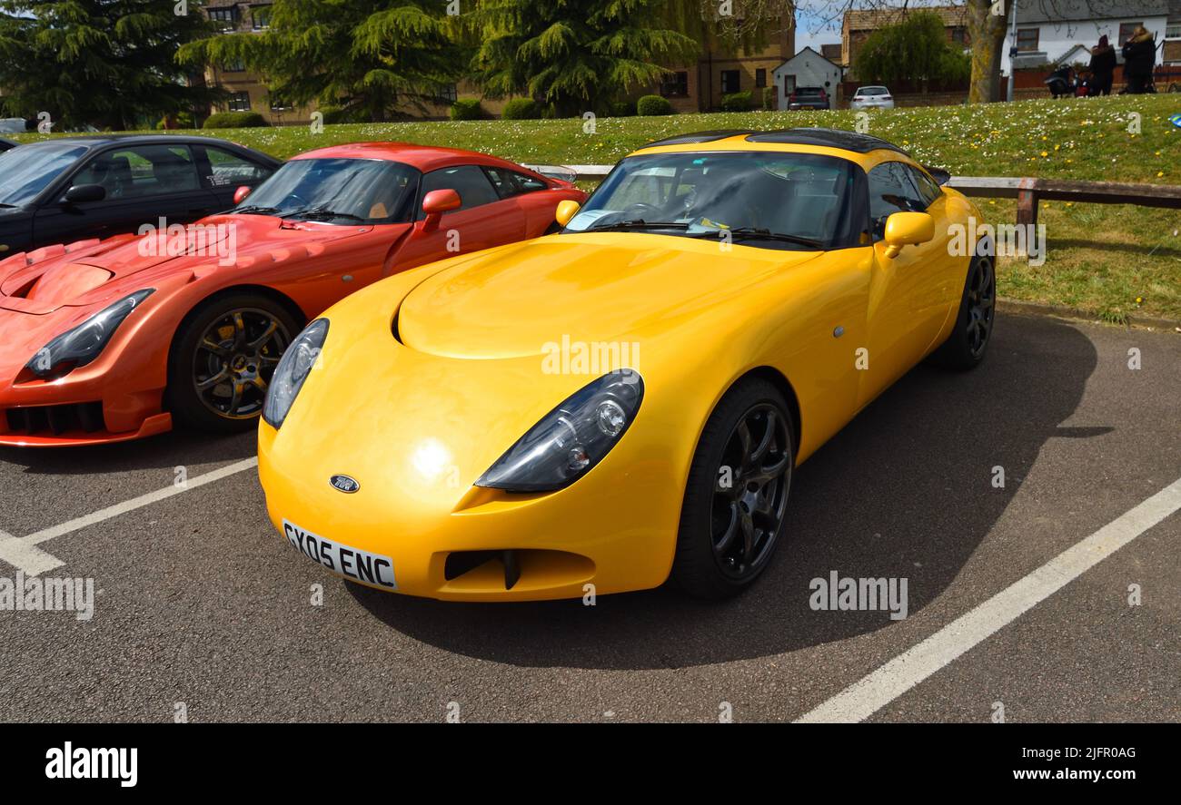 ST NEOTS, CAMBRIDGESHIRE, ENGLAND - APRIL 25, 2021: Classic Yellow TVR Motor Car in parking space. Stock Photo