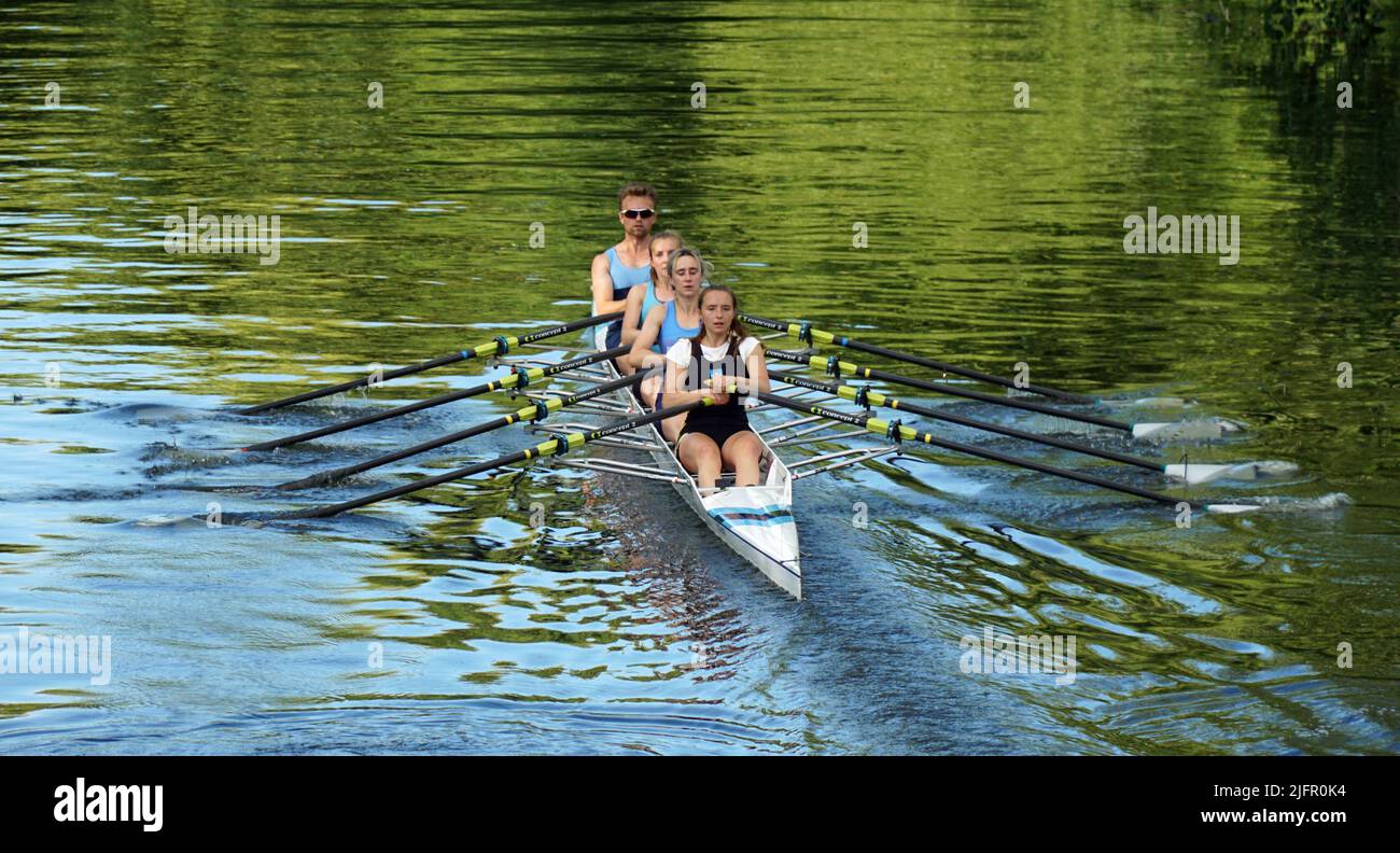 Sculling four on the river Ouse Cambridgeshire. Stock Photo