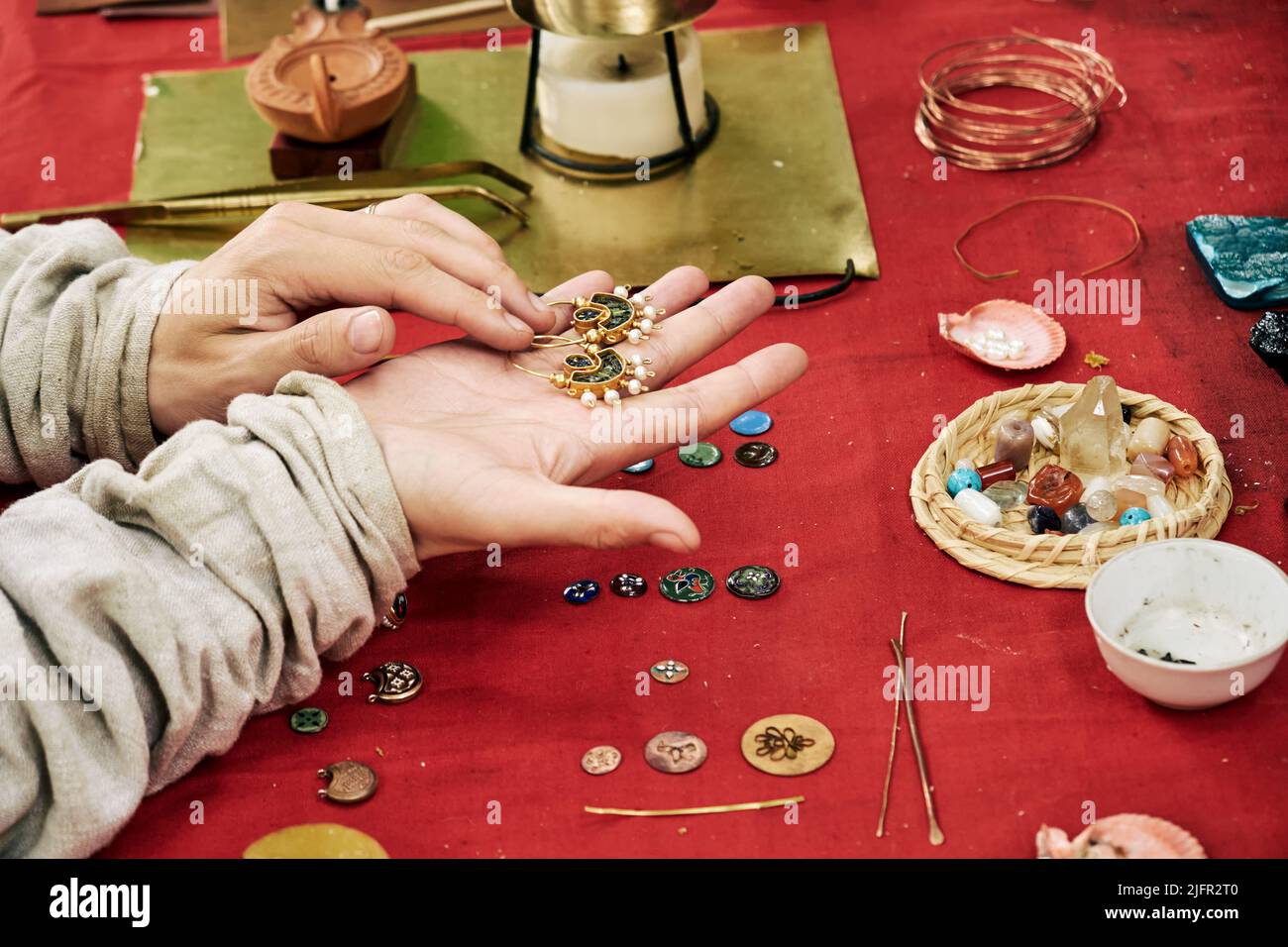 Making medieval jewelry vintage earrings and rings. Reconstruction of