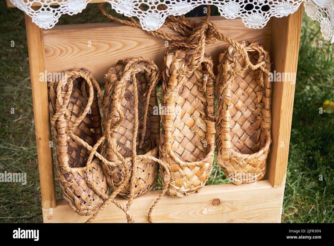 Russian bast shoes - lapti knitted from bark, lapot close-up Stock ...