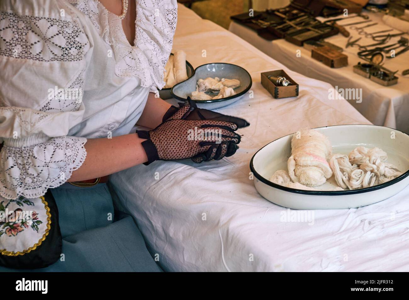 An old military field hospital with retro tents and vintage medical