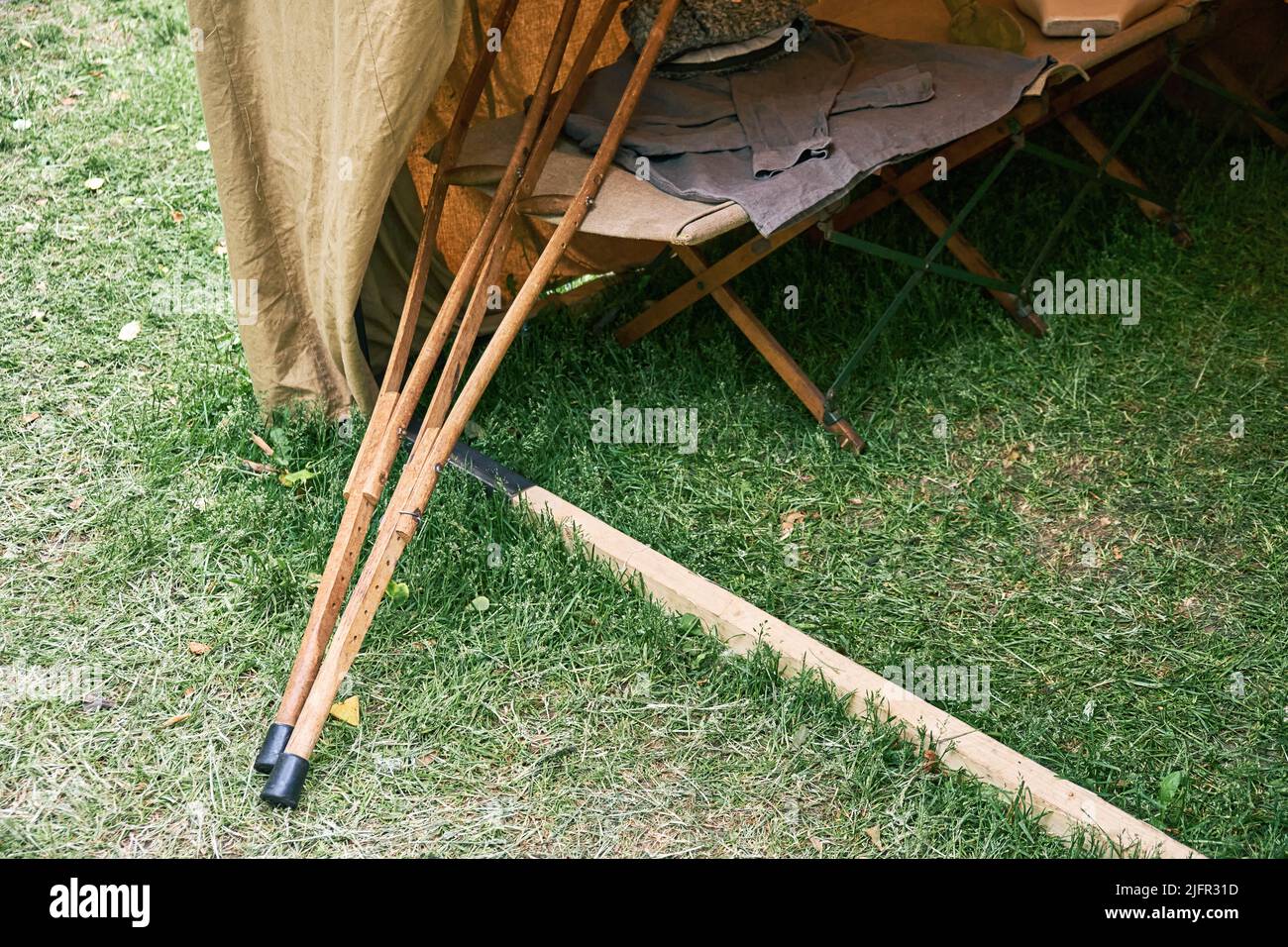 An old military field hospital with retro tents and vintage medical ...