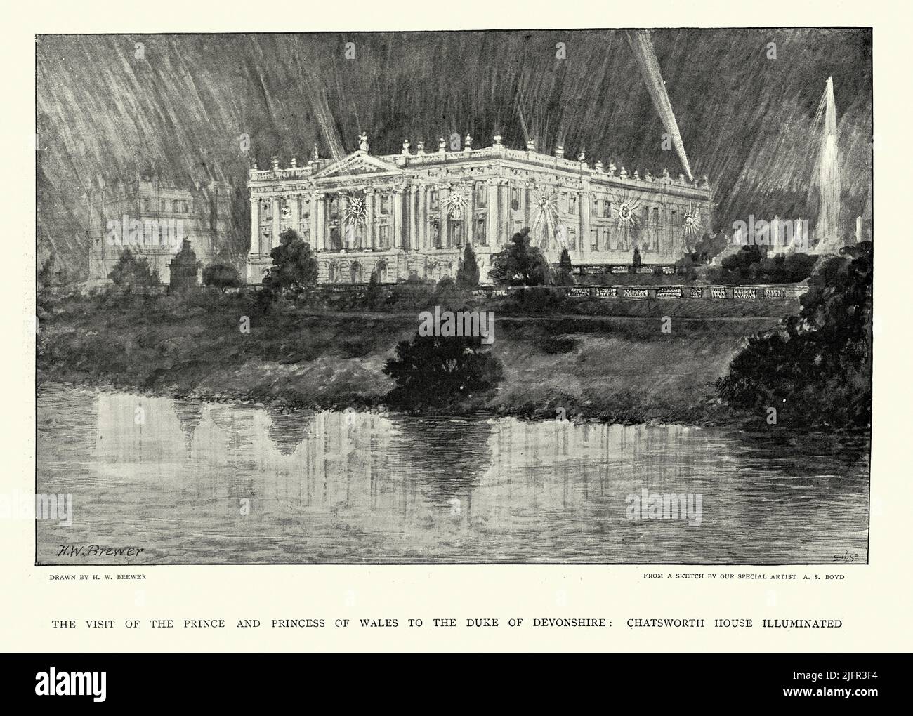 Vintage illustration Chatsworth House illuminated for the visit of the Prince and Princess of Wales in 1898, 19th Century Stock Photo