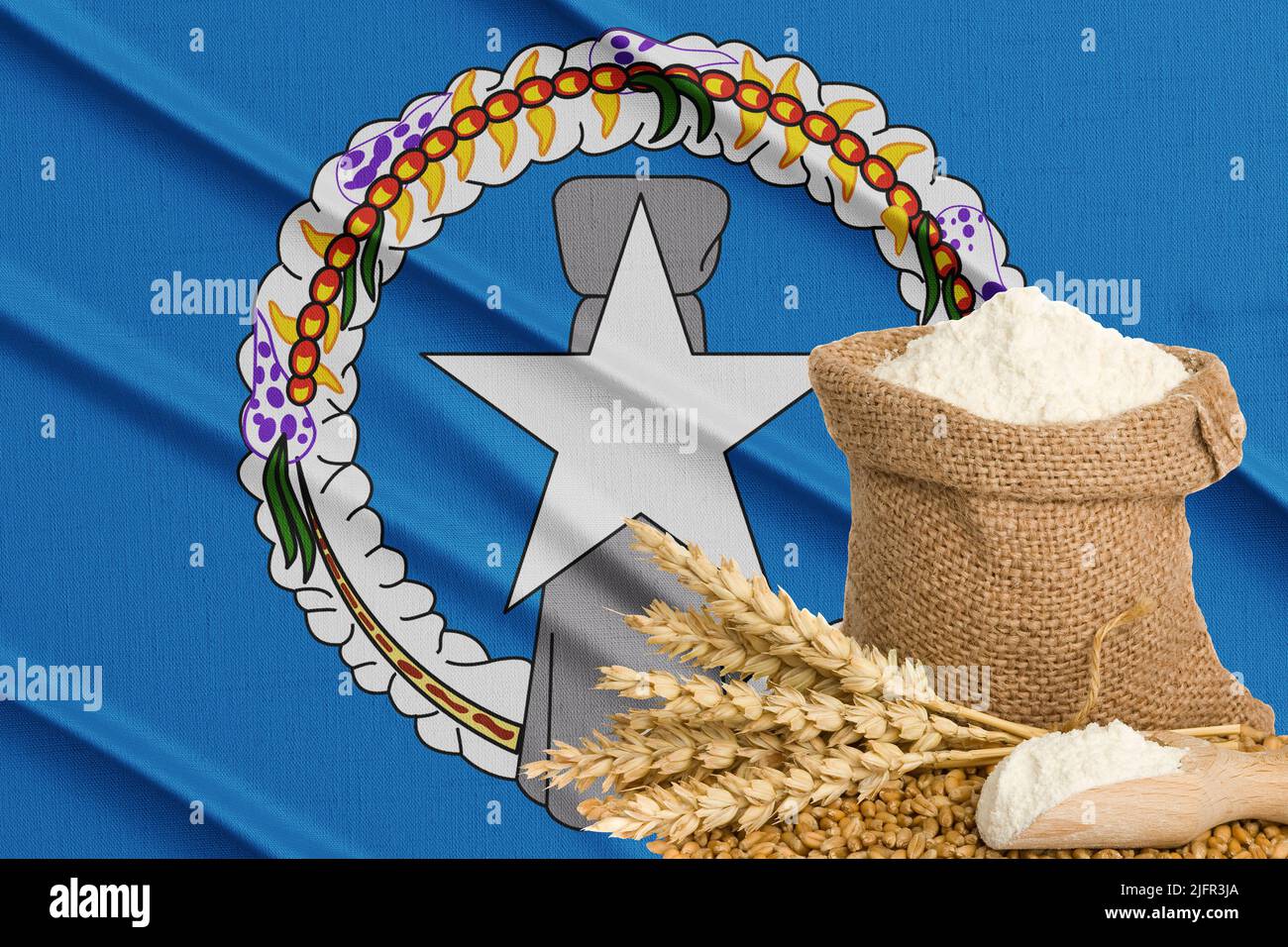 Northern Mariana Islands grain crisis, Concept global hunger crisis,  On background Flag Northern Mariana Islands wheat grain. Concept of growing whea Stock Photo