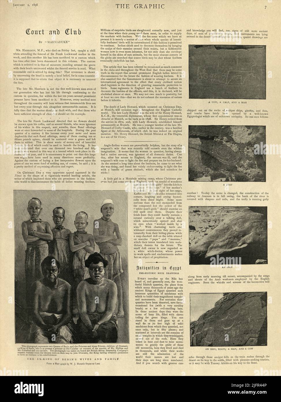 Vintage newspaper page, Antiquities in Egypt, Pre Historic rock drawings.  Ex King of Benin's wives and Family, 1898 Stock Photo