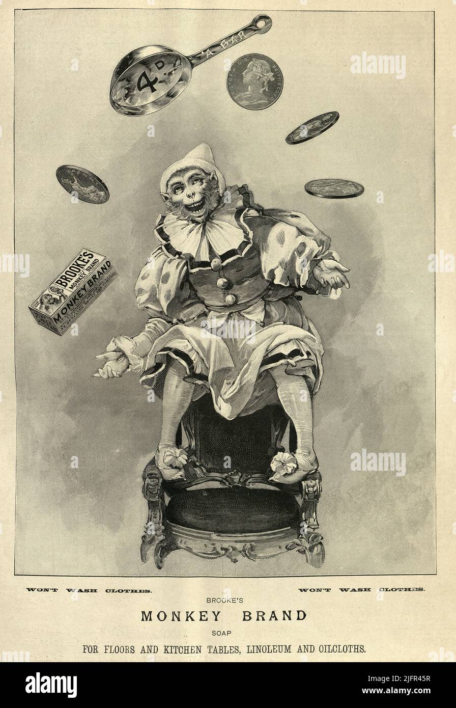 Victorian advert for Monkey Brand soap, monkey dressed as a clown, juggling, 1890s 19th Century Stock Photo