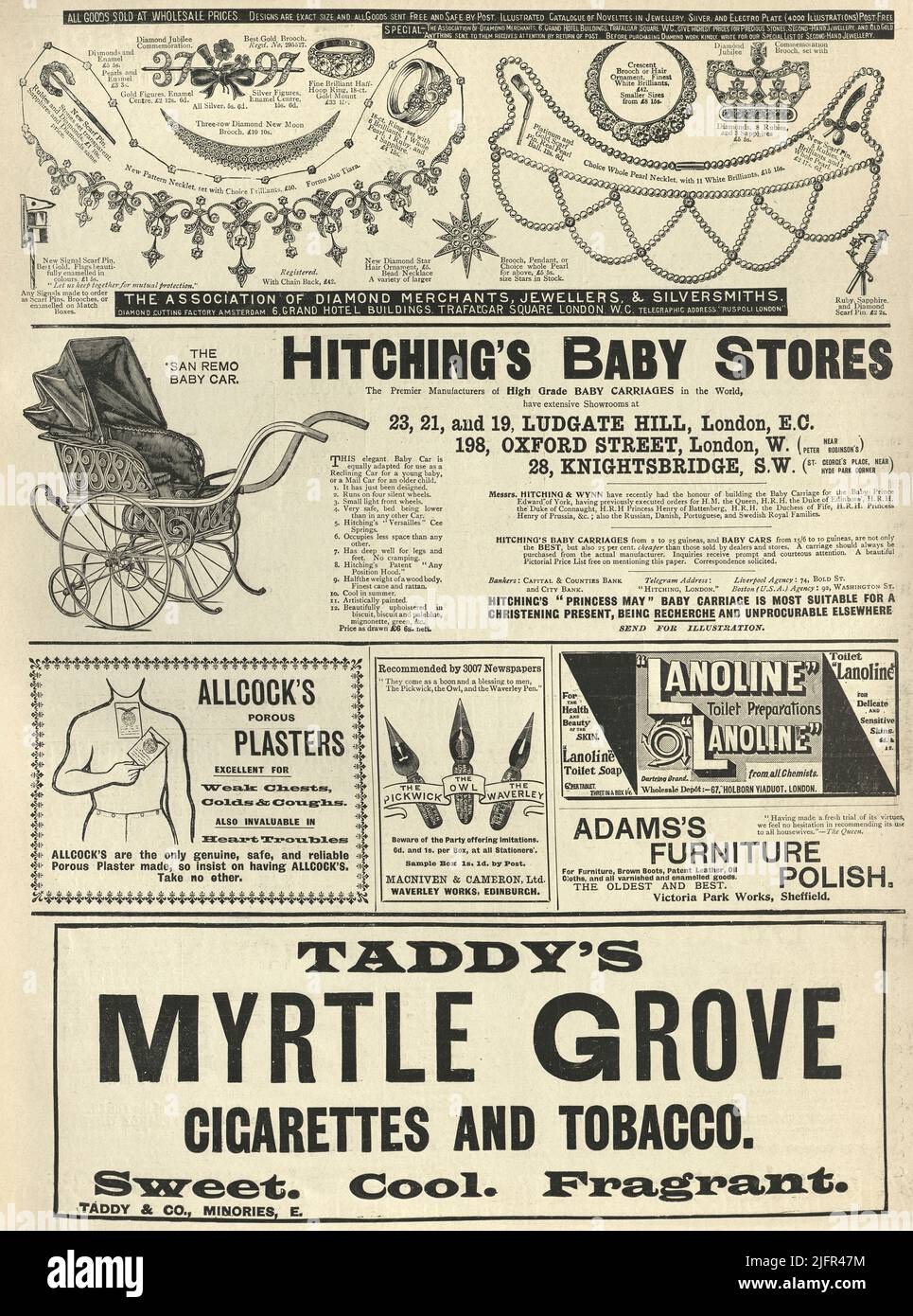 Victorian newspaper adverts, jewelry, baby goods, health goods, 1890s 19th Century Stock Photo