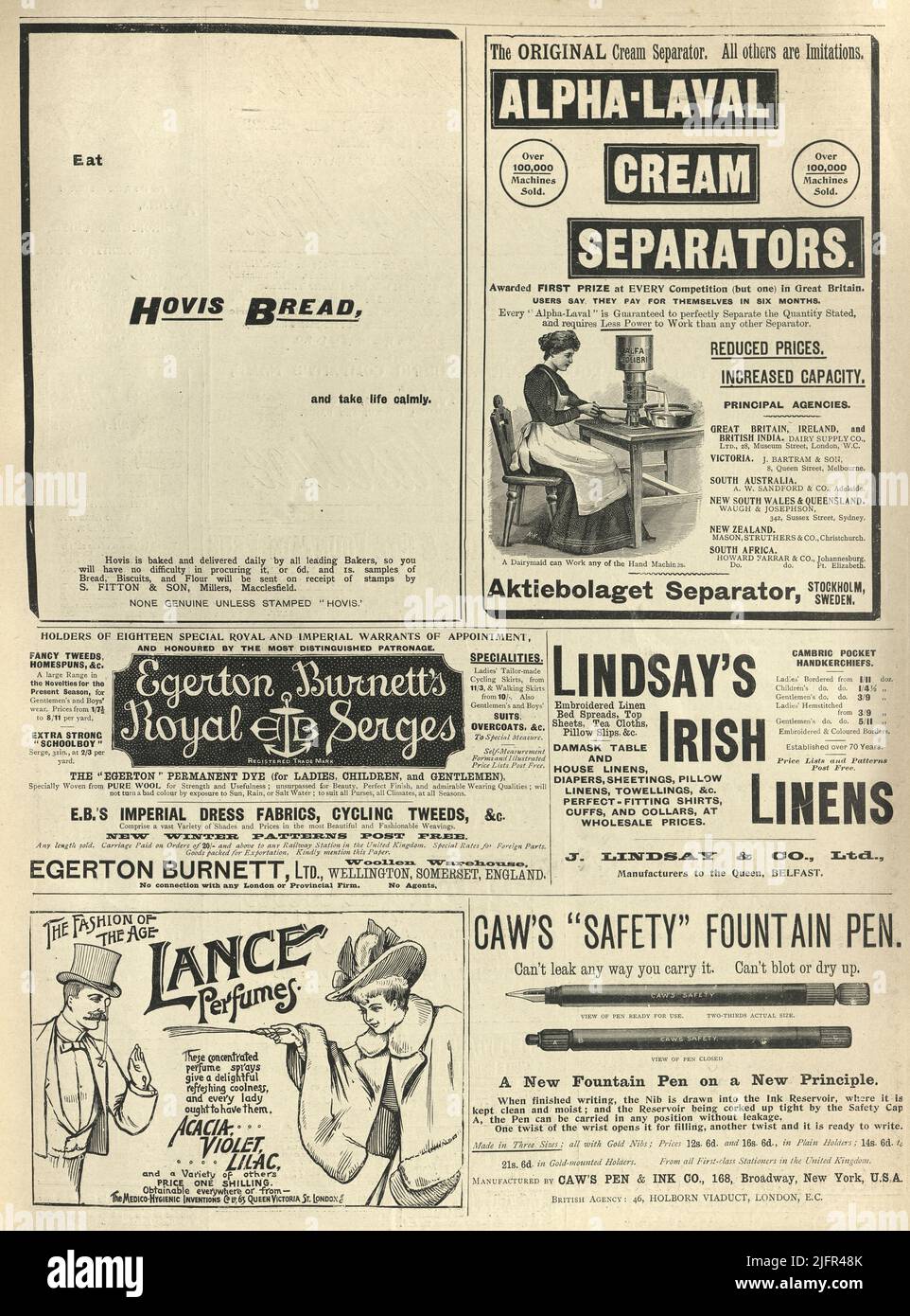 Victorian newspaper adverts, Cream separators, Lance perfume, Hovis bread, 1890s 19th Century Stock Photo