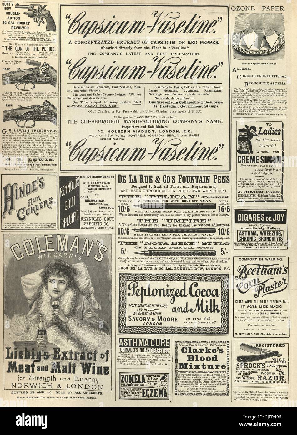 Victorian newspaper adverts, Guns, Ozone paper,Vaseline, Liebig's extract of meat and malt wine, 1890s 19th Century Stock Photo