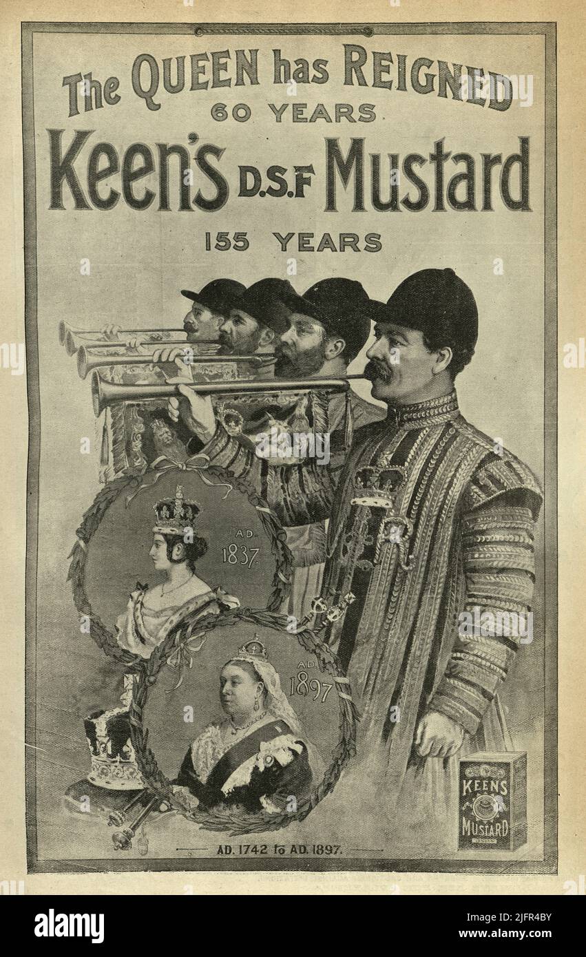 Vintage newspaper advert for Keen's Mustard, 1898, queen victoria diamond jubilee year, Victorian 19th Century Stock Photo