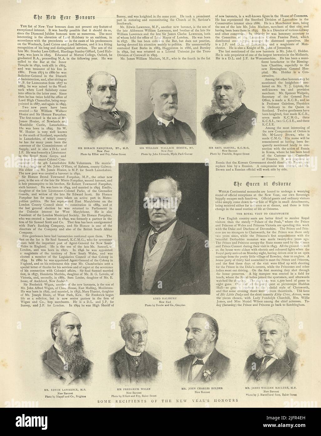 Vintage newspaper page, 1898, Recipients of the New Yea's Honours, 19th Century. Horace Farquhar, William Wallace Hozier, Sir Saul Samuel, Hardinge Giffard, 1st Earl of Halsbury, Sir Edwin Durning-Lawrence, Sir Frederick Wigan, Sir John Charles Holder Stock Photo