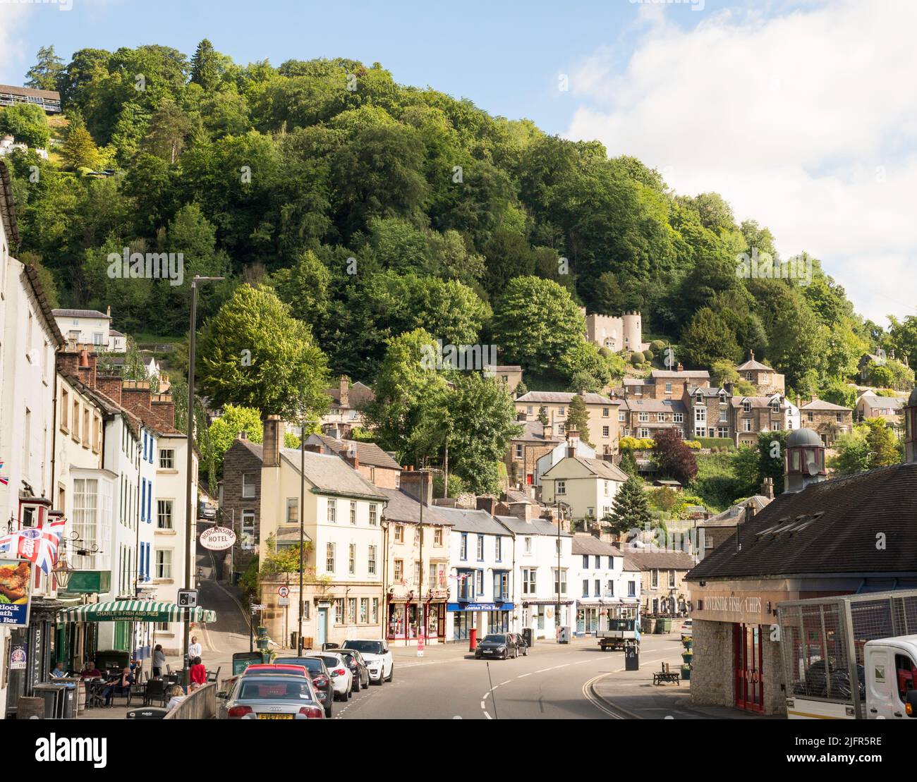 Shops, restaurants and pubs in South Parade, Matlock Bath, Derbyshire, England, UK Stock Photo
