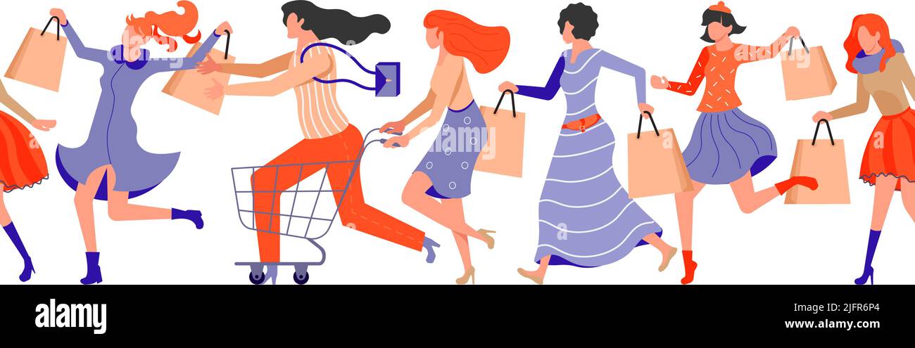 Seamless border with Group of colorful people in hurry. Male and female ...