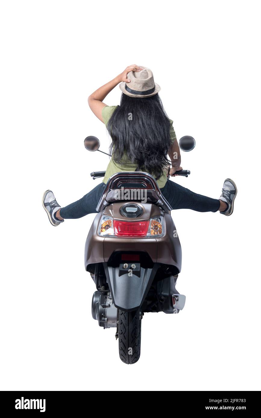 Rear view of Asian woman with a hat sitting on a scooter isolated over white background Stock Photo